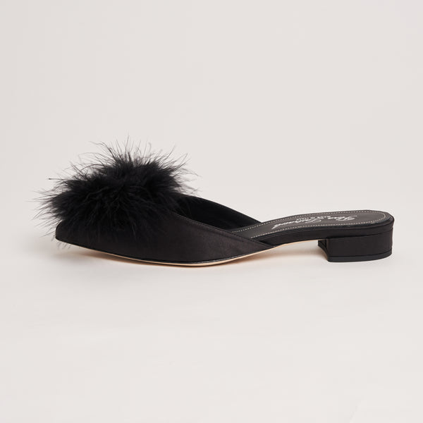Midnight Gala Kitten Heel Slippers with Feathers