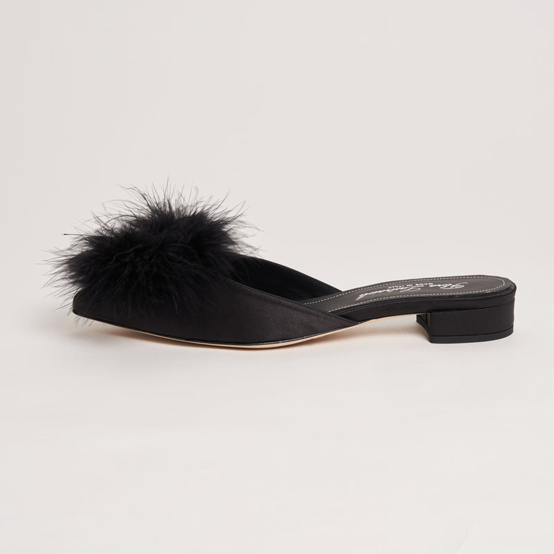 Midnight Gala Kitten Heel Slippers with Feathers