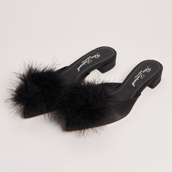 Midnight Gala Kitten Heel Slippers with Feathers