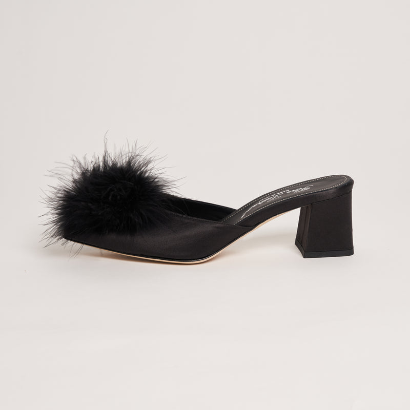 Midnight Gala Block Heel Slippers with Feathers