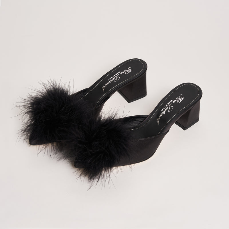 Midnight Gala Block Heel Slippers with Feathers