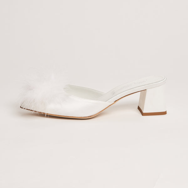 Selene Lumen Block Heel Slippers with Feathers