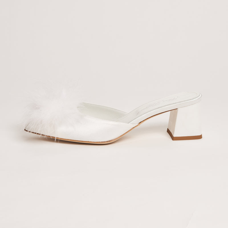 Selene Lumen Block Heel Slippers with Feathers