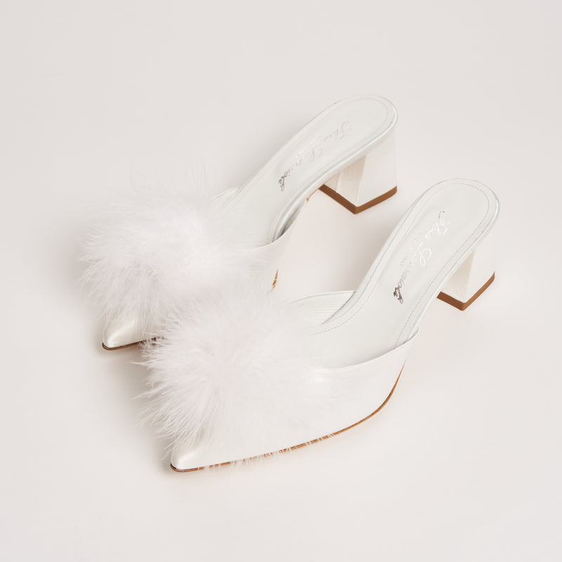 Selene Lumen Block Heel Slippers with Feathers