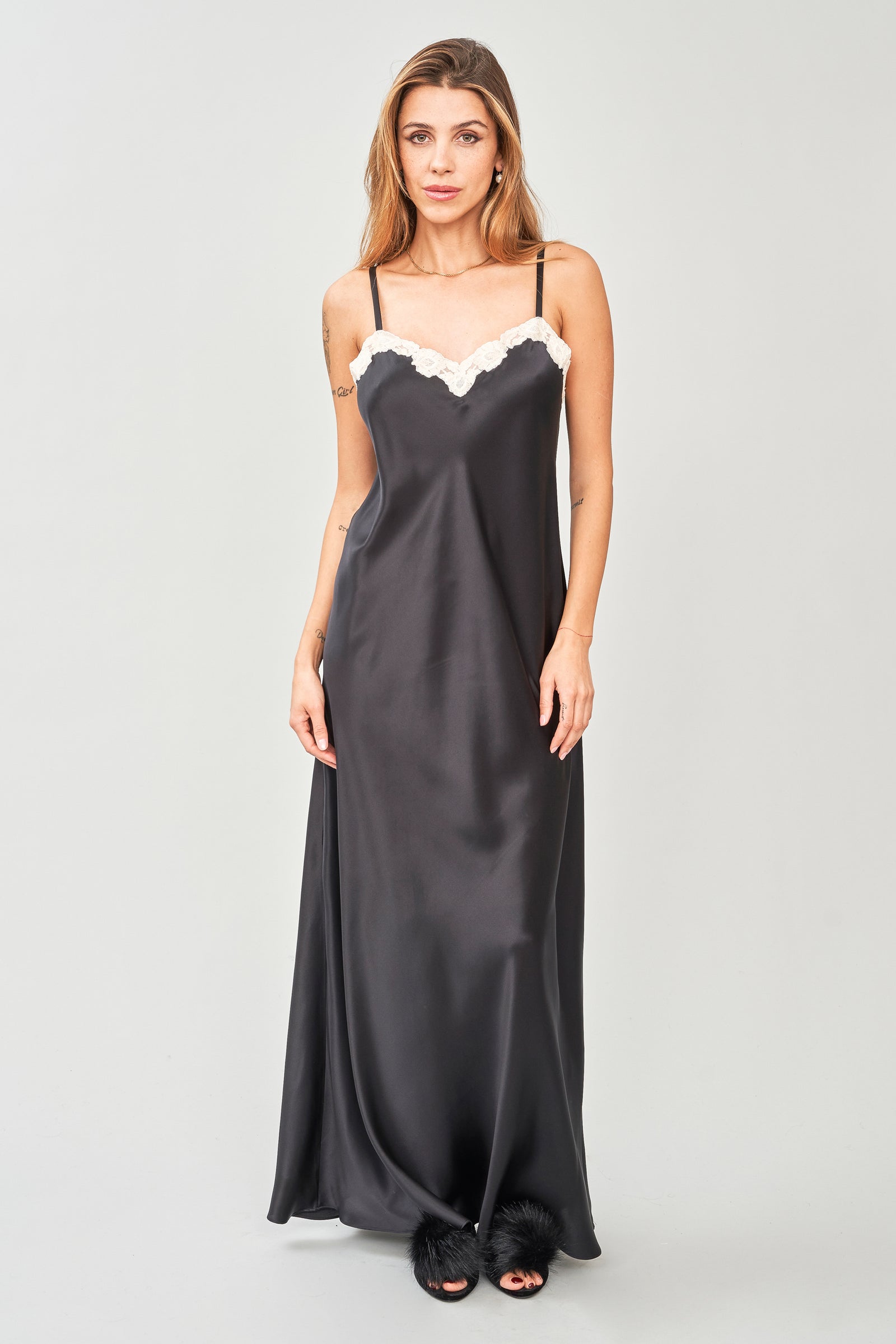 Silk Satin Contrast-Lace Long Nightgown Flora Lastraioli Shop Online Silk Satin Contrast-Lace Long Nightgown Flora Lastraioli Shop Online