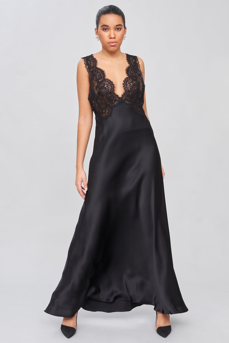 B2B - Long Silk Satin Nightgown Tonal Lace Accent