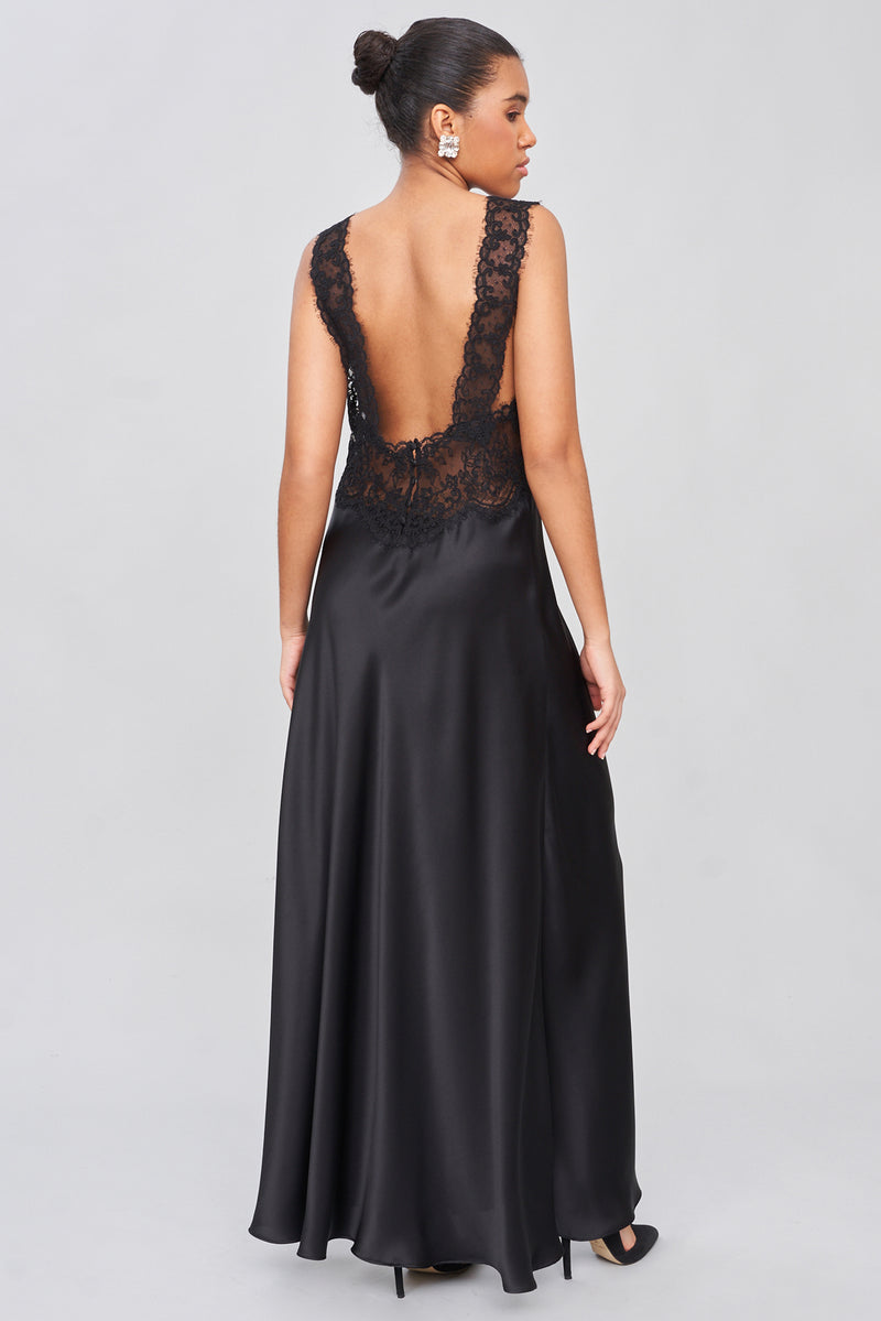B2B - Long Silk Satin Nightgown Tonal Lace Accent
