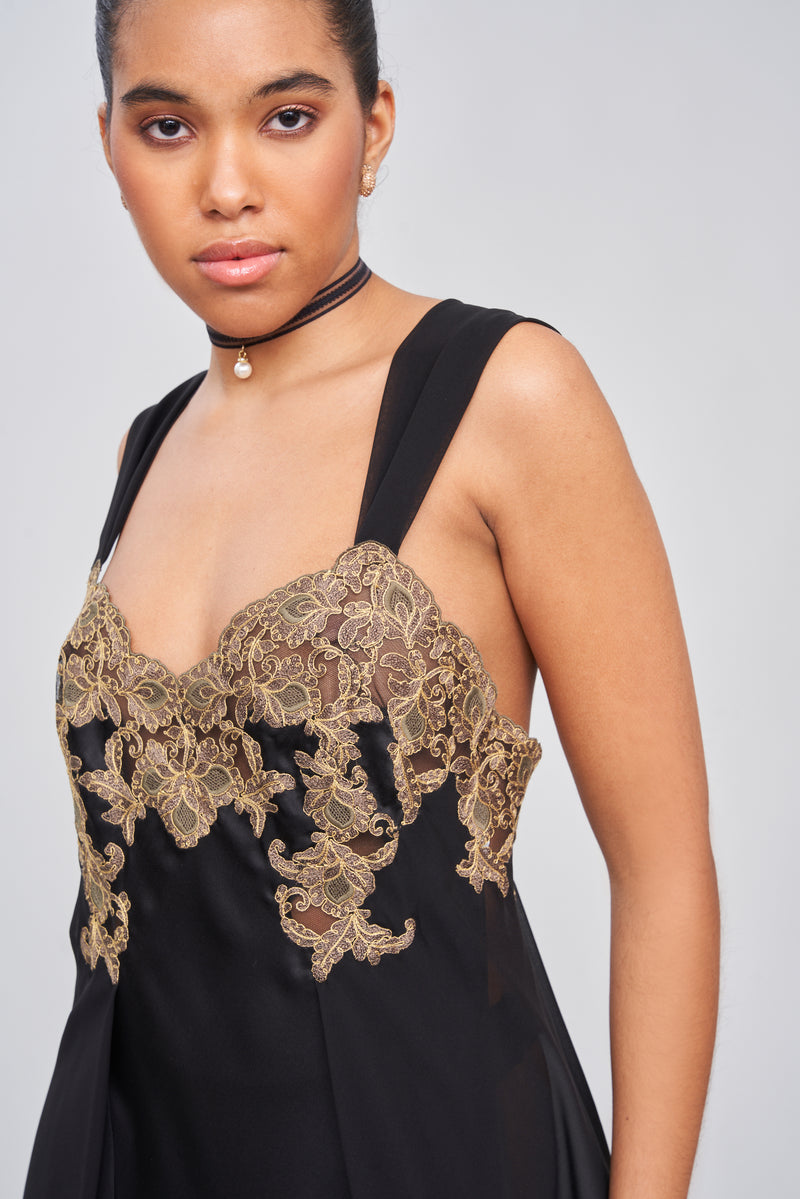 B2B - Baroque Gold Lace Silk Long Nightgown