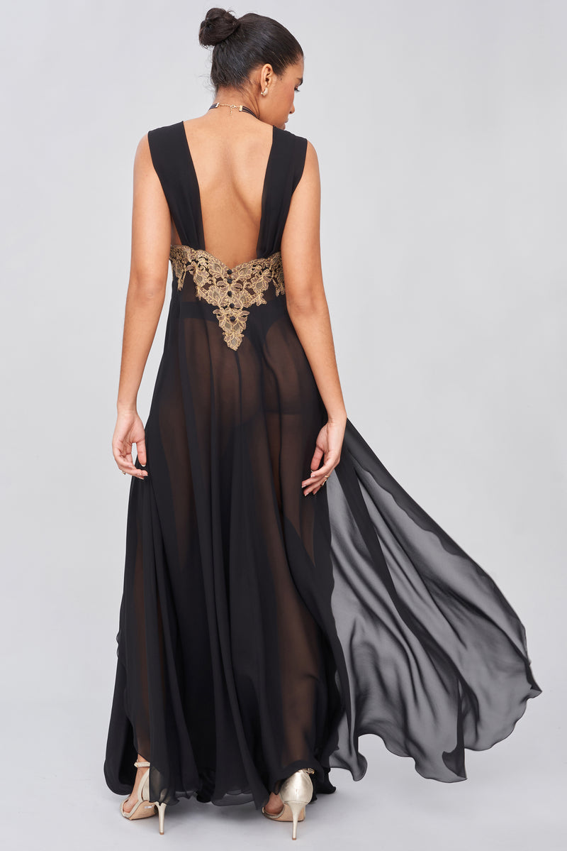 B2B - Baroque Gold Lace Silk Long Nightgown