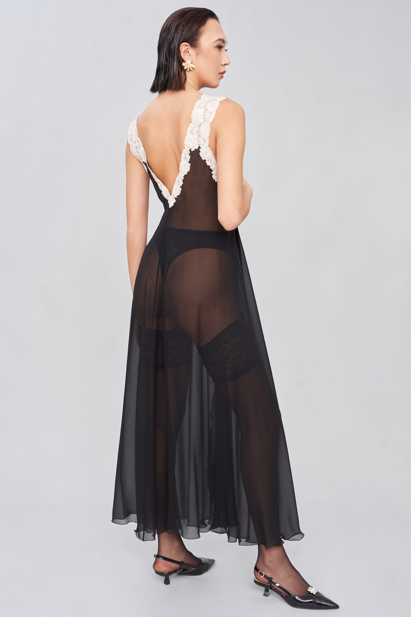 B2B - Lace-Framed Bust Silk Georgette Long Nightgown