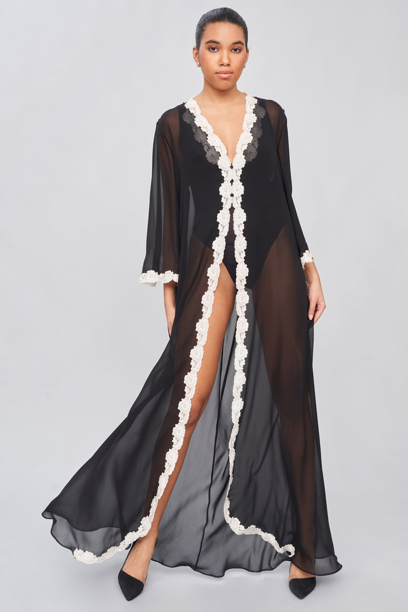 B2B - Lace-Finished Silk Georgette Long Robe
