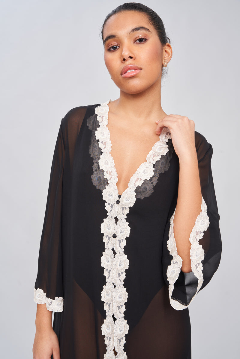 B2B - Lace-Finished Silk Georgette Long Robe