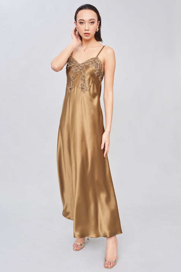 Silk Satin Long Nightgown with Tonal Lace Trim