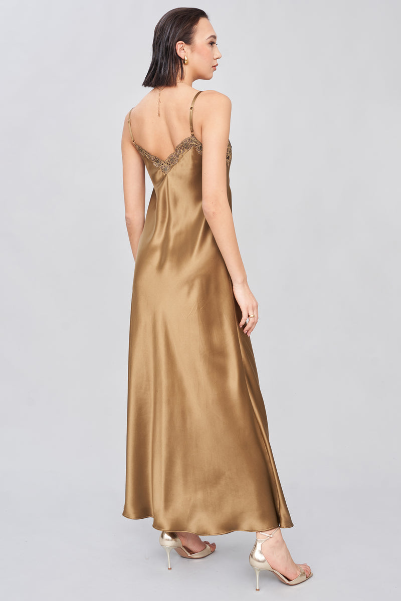 B2B - Silk Satin Long Nightgown with Tonal Lace Trim
