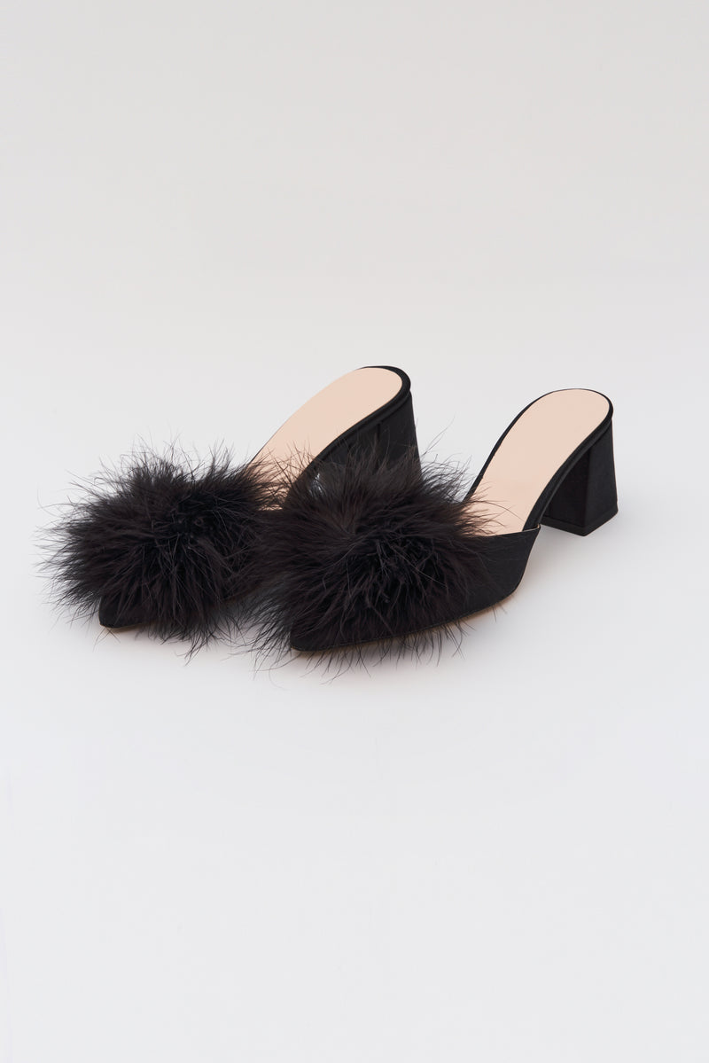 Pre-Order: Block Heel Slippers with Feathers