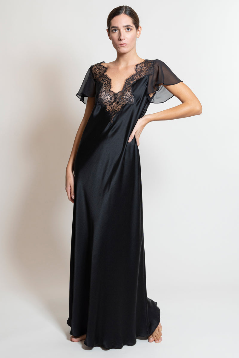 Black silk satin long nightgown with frastaglio