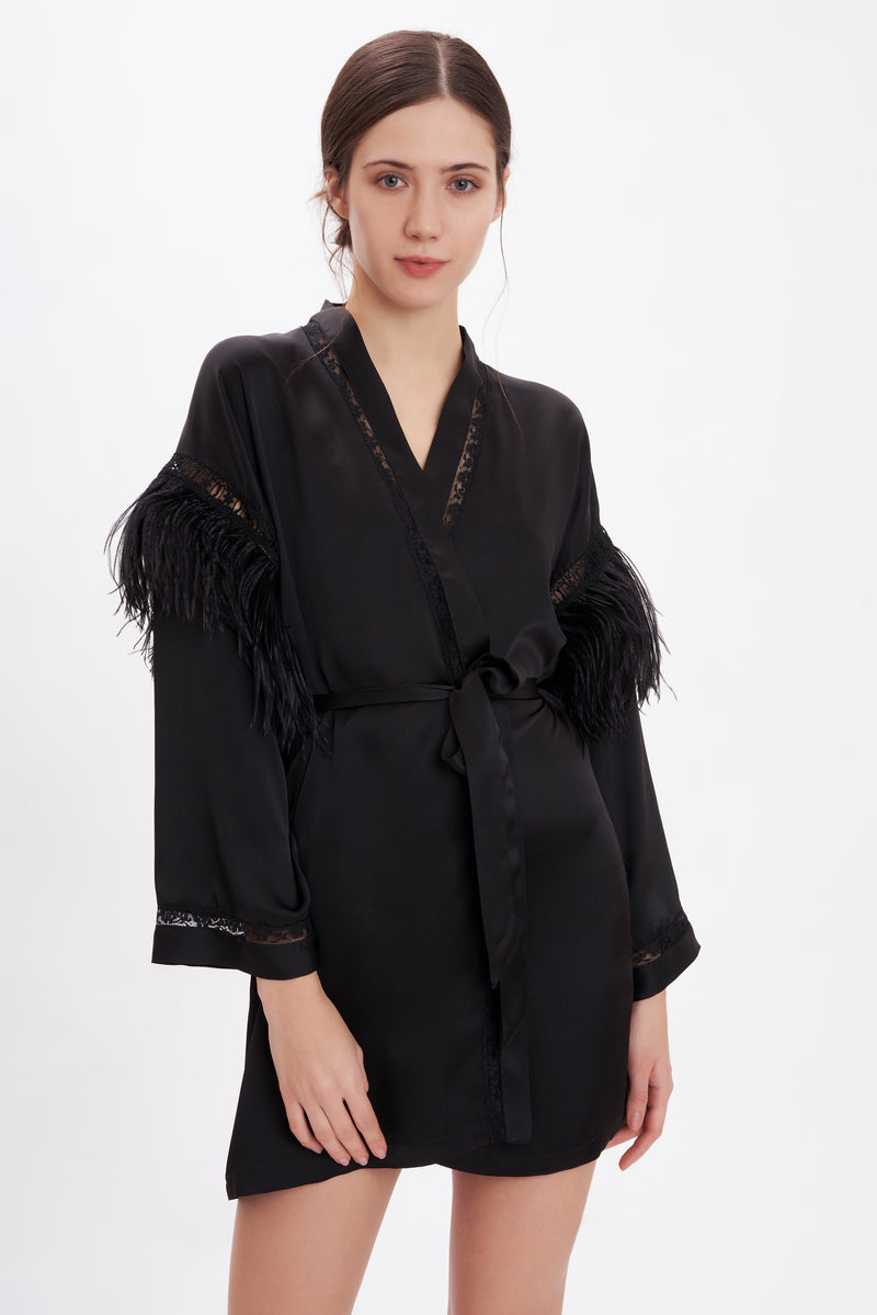 B2B - Silk Satin Feathers Kimono - Robe - italian lingerie